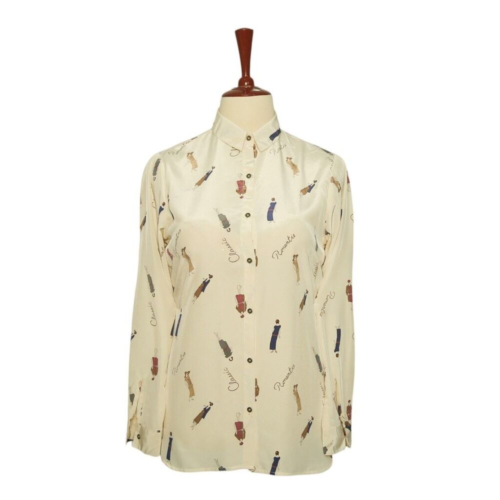 Womens Silky Satin Shirt Beige Graphic Print Blouse Button Up Dressy Top Medium